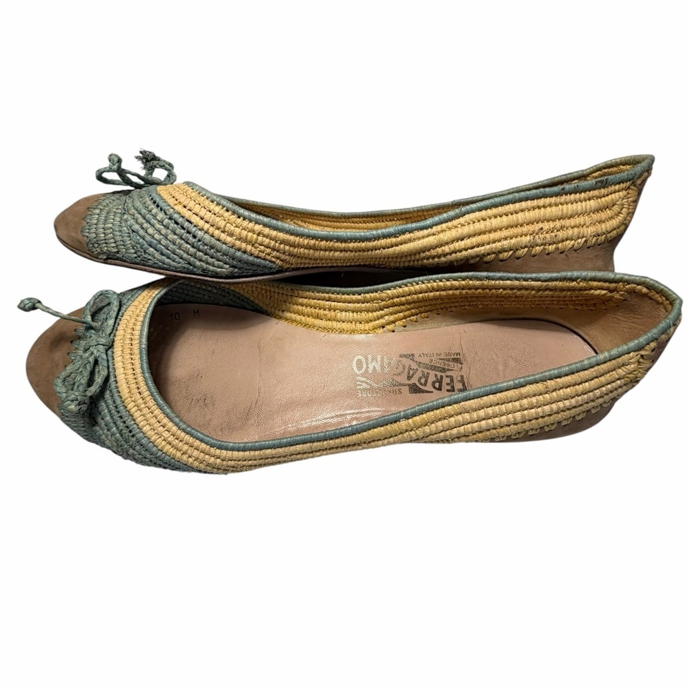 Salvatore Ferragamo tricolor Raffia Green & Tan Bow Ballet Flats Sz 10M - Picture 6 of 16
